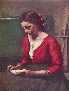 Jean-Baptiste Camille Corot Lesendes Madchen in rotem Trikot painting